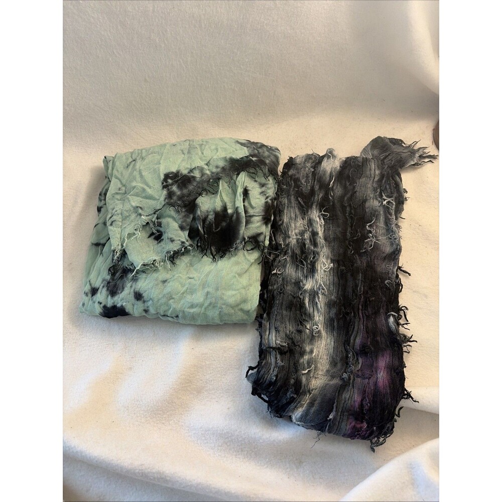 Women Tie Dye Crinkle Scarfs Blue Green Ombre Lightweight Wraps Black Goth